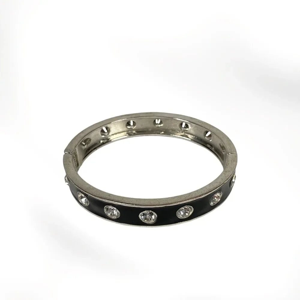 VTG Enamel Rhinestone Studded Bracelet Black Silver Tone Hinged Bangle Clamper